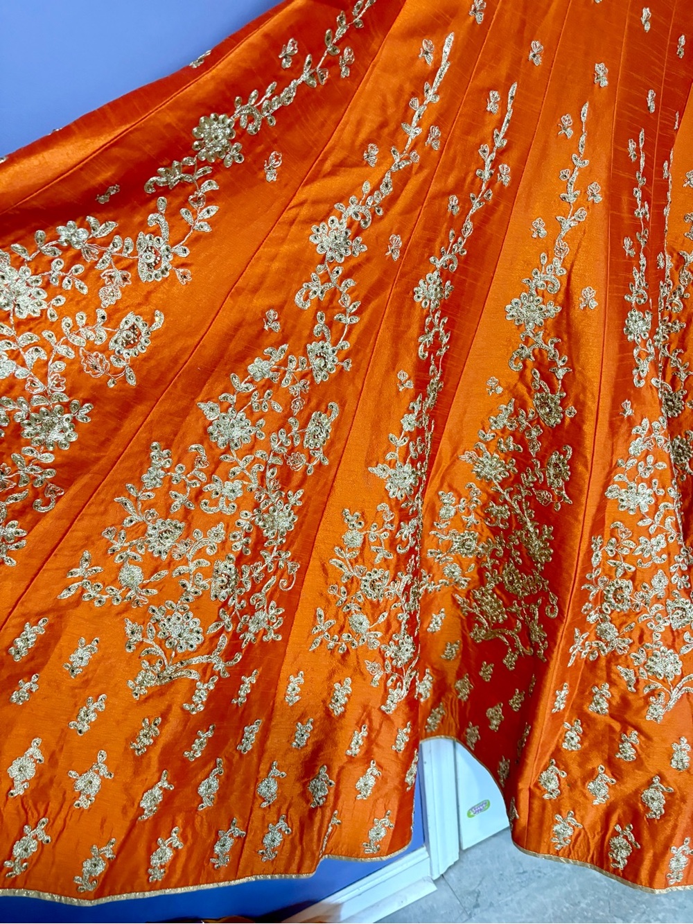 1 pcs Orange Anarkali Gown 53” Long- Heavy Golden Zari work bridal party wear